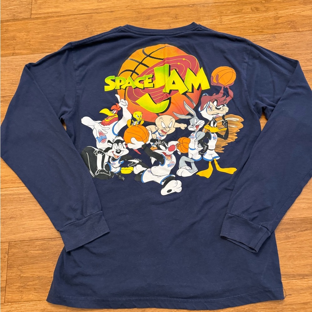 Large Space Jam Long Sleeve Dark Navy Tee Shirt Slightly Flawed
